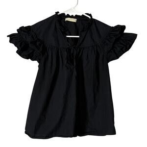 Ulla Johnson Black Ruffled Short-Sleeve Blouse